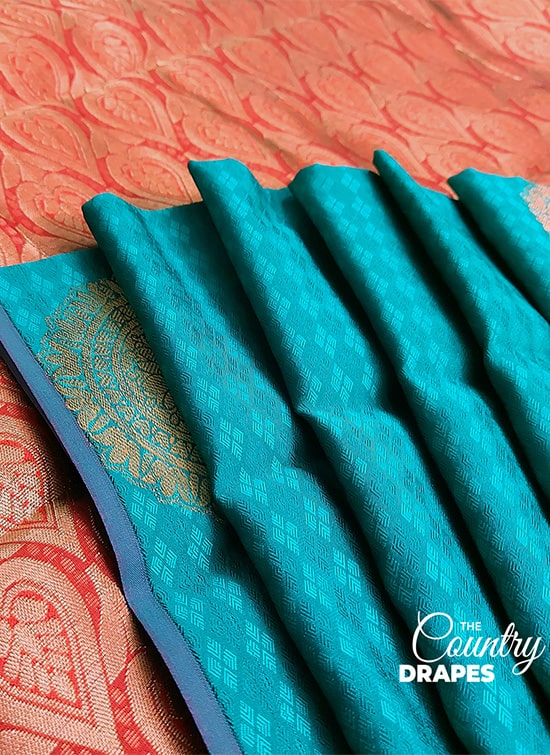 Sea Blue with Red Handloom Silk Saree