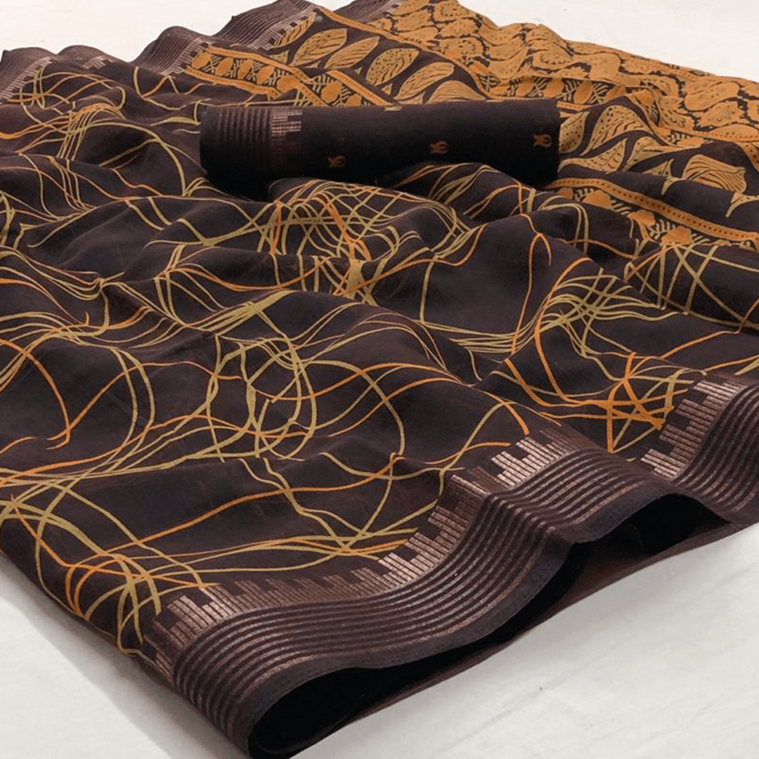 Dark Brown Swirls Cotton Saree