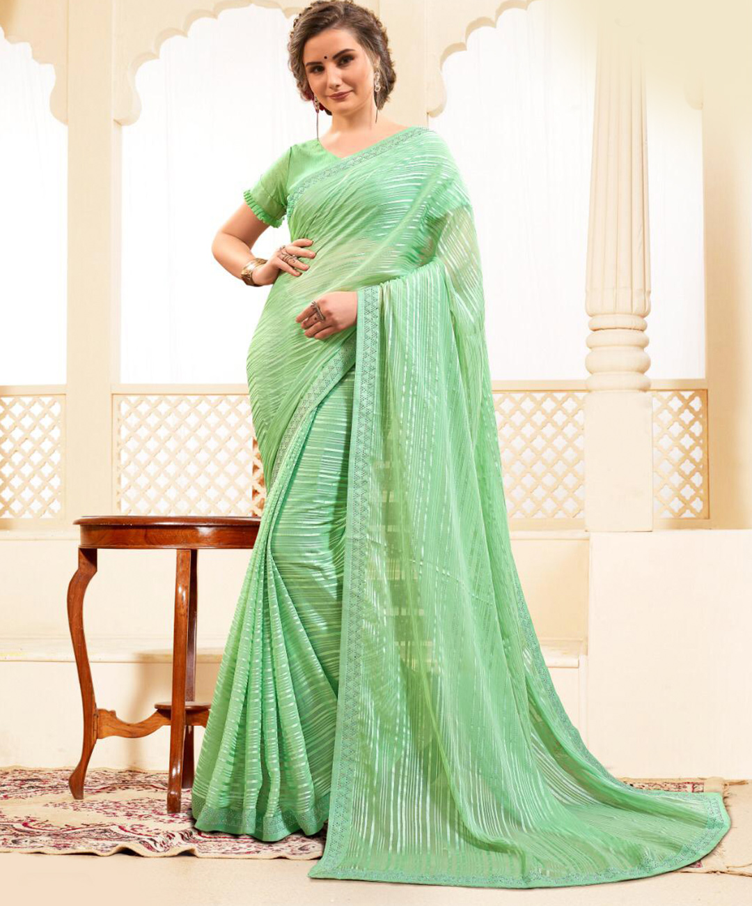 Pastel Green Georgette Satin Stripes Saree
