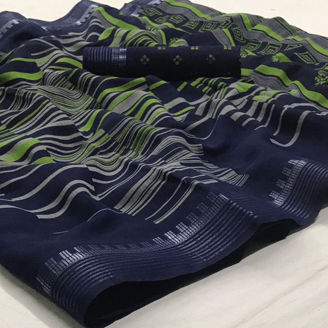 Navy Blue Green Stripes Cotton Saree
