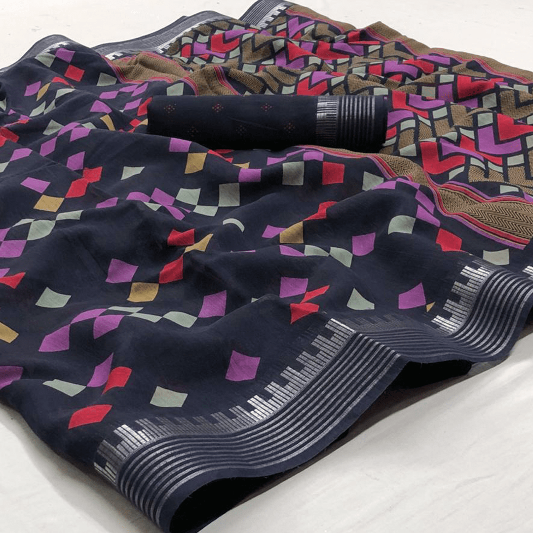 Navy Blue Squares Cotton Saree