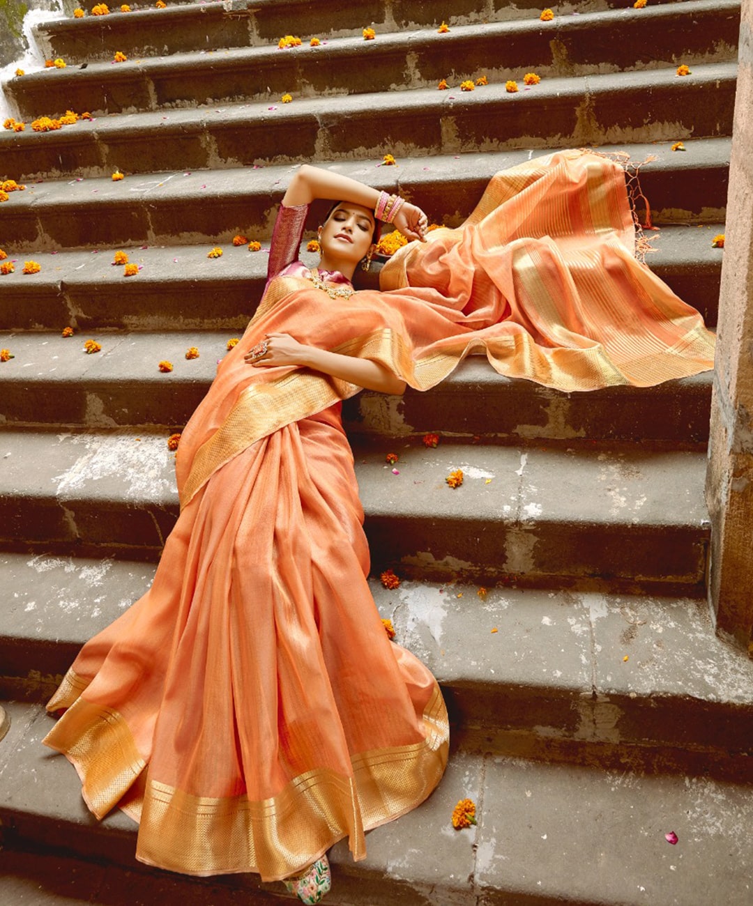 Light Orange Linen Tissue Silk Saree