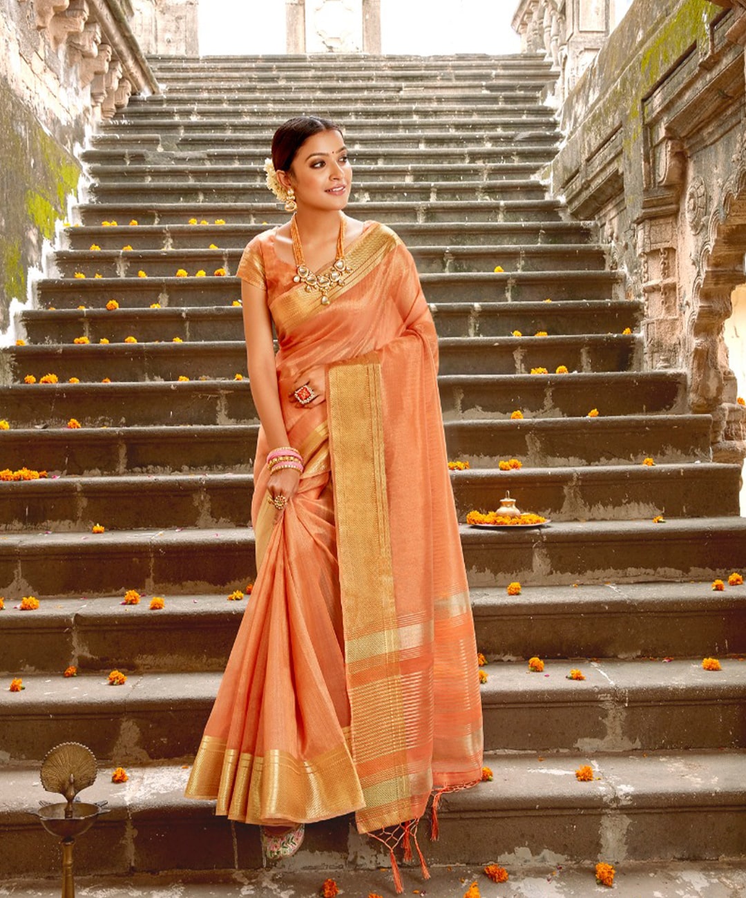 Light Orange Linen Tissue Silk Saree