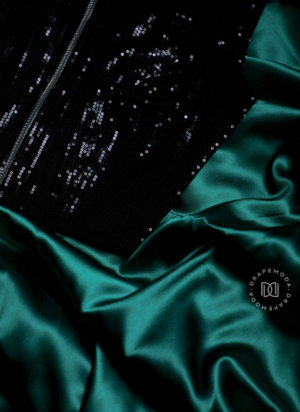 Emerald Green Satin Saree with Black Shimmer Blouse and Belt