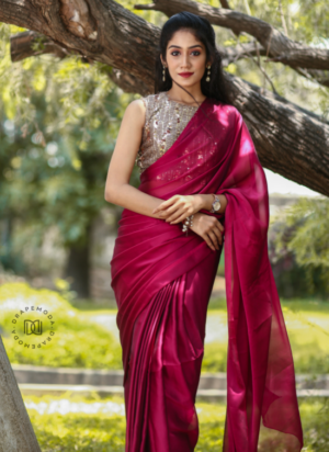 Magenta Red Saree with gold designer blouse