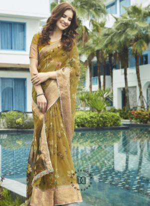 Olive Green Floral Print Organza Saree