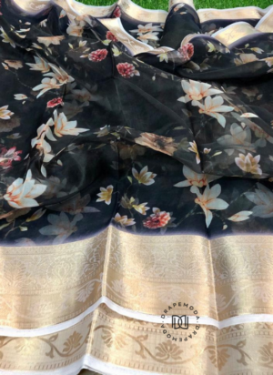 Black Floral Print Organza Saree