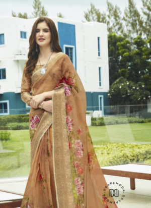 Brown Floral Print Organza Saree