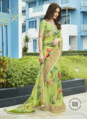 Light Green Floral Print Organza Saree