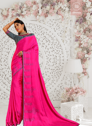 Hot Pink with grey Designer Saree
