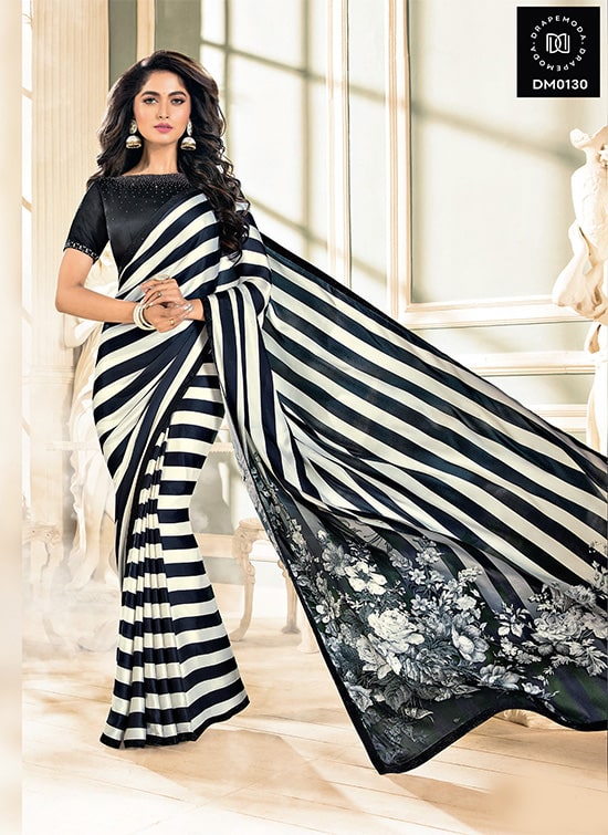 Black and white striped Designer Saree