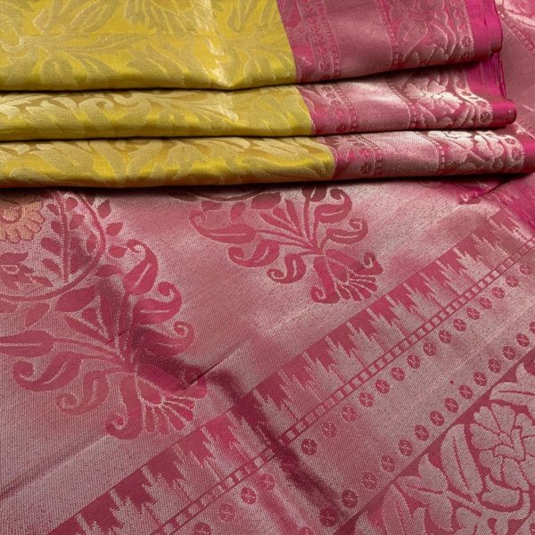 Mild Yellow with Pink Soft Silk Saree