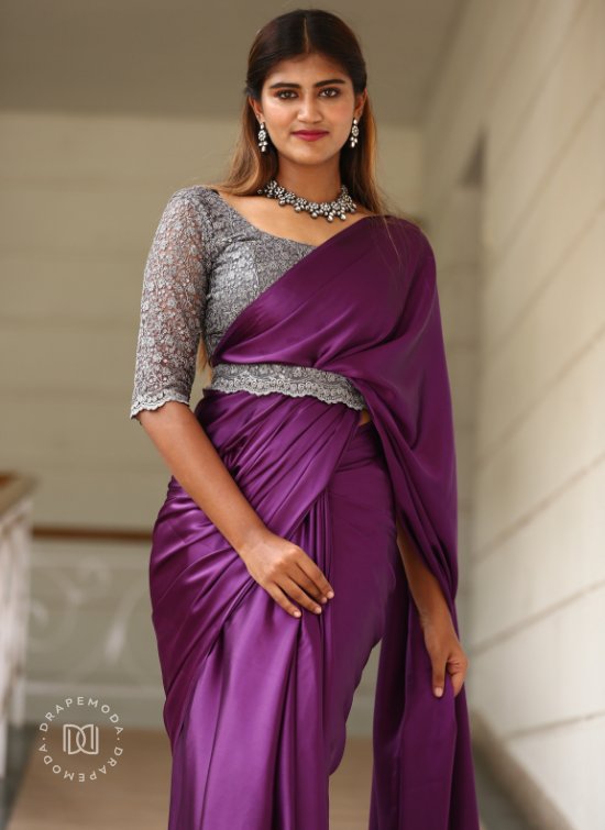 Dark Purple Satin Saree with silver designer blouse and belt - DRAPEMODA