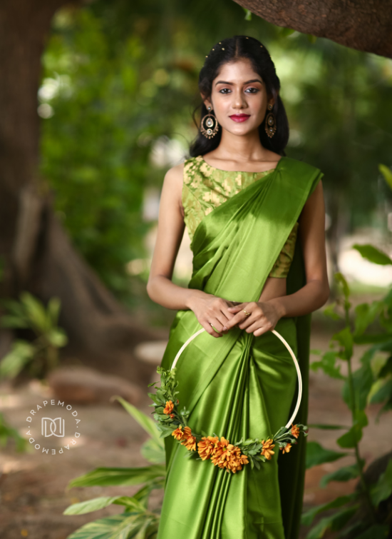 Embroidered Blouse Light Green Silk Saree